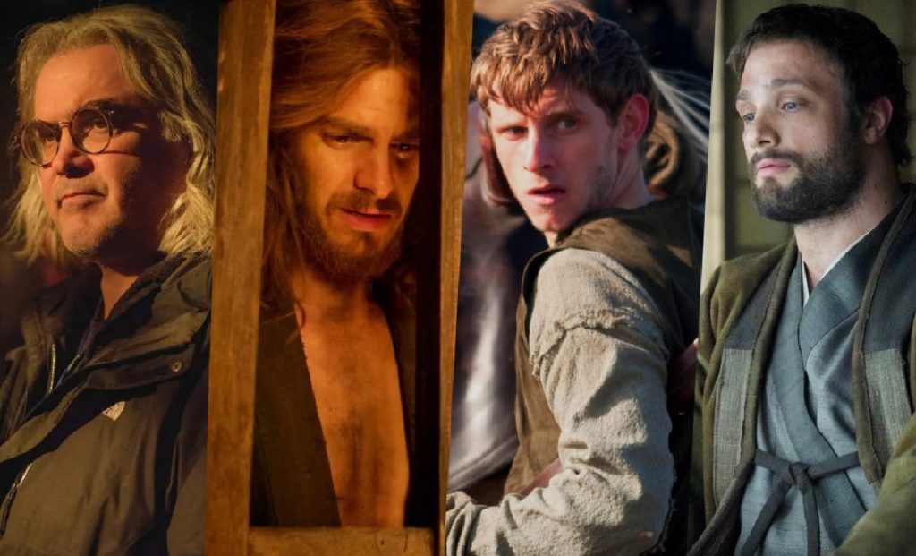Four Men in a Four panel Composition Each with a Different Expression and Rugged Clothing Facing Various Directions