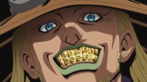 Close up of a Blonde Character Wearing a Hat Grinning with a Gold Grill Spelling out Letters Across Their Teeth