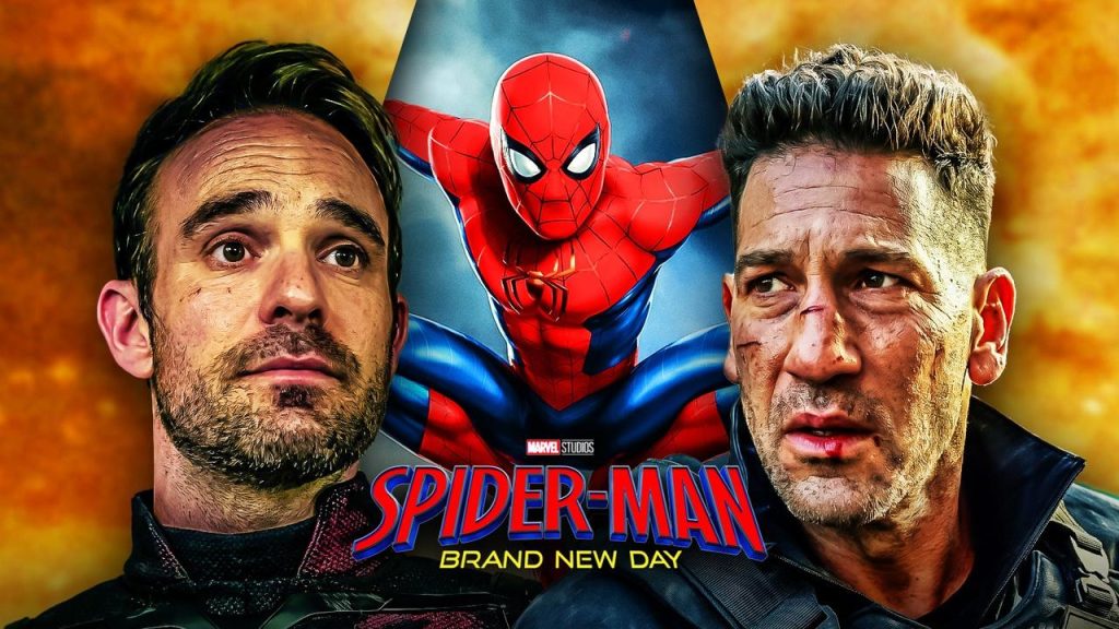 Two Battered Men Stand Beside a Spider man Movie Poster with the Title
