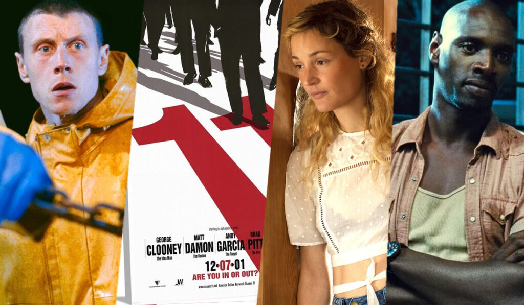 Collage of Four Film Characters Around a Central Poster Man in Yellow Hazmat Suit on the Left Woman in White Blouse and Denim Man in Beige Shirt on the Right