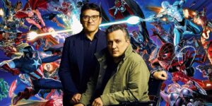 Two Men Pose in Front of a Vibrant Superhero Collage Suggesting a Comic Book Collaboration or Interview