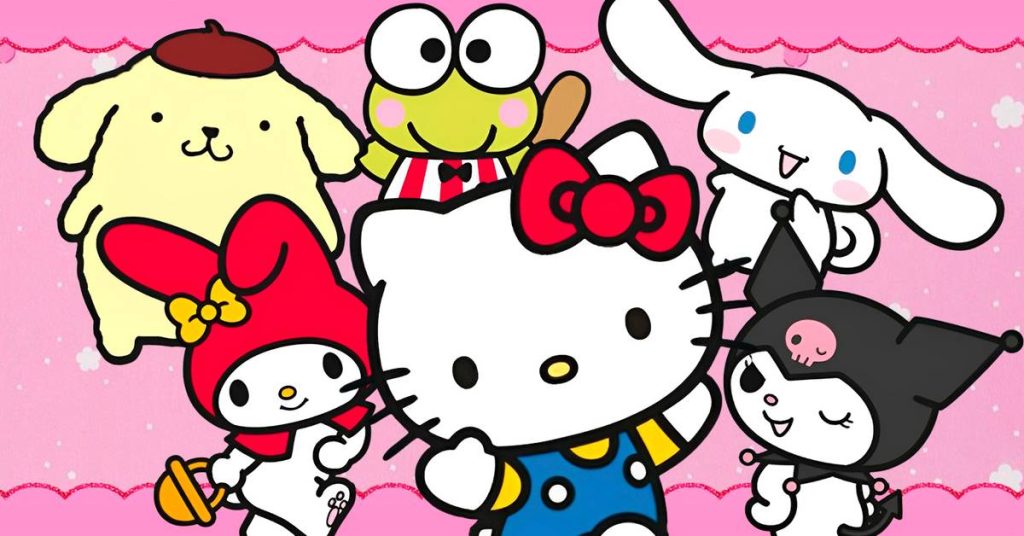 Center stage Hello Kitty with a Red Bow Surrounded by Cute Sanrio Friends my Melody in a Red Hood a White Bunny a Black and white Puppy a Yellow Puppy and a Green Frog on a Pink Decorative Background