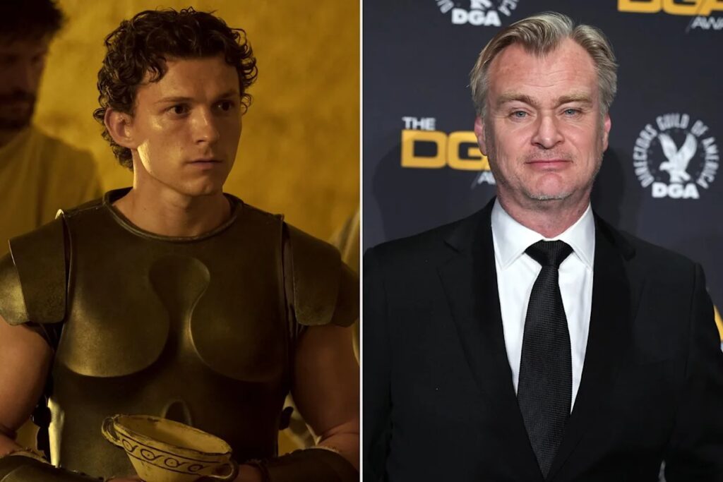 Left a Young Man in Bronze Armor Holding a Ceramic Bowl Right Alec Baldwin in a Black Suit at a Formal Event