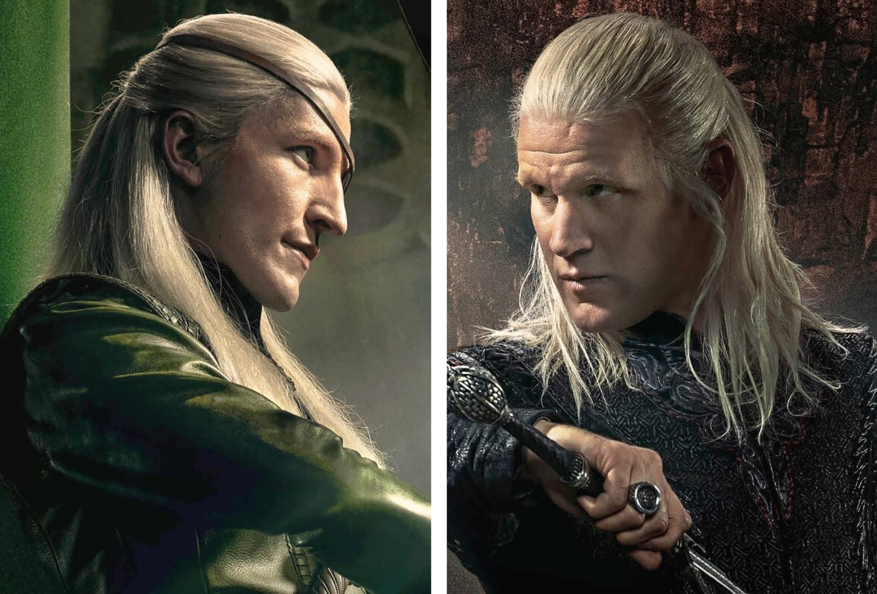 Left Panel Shows a Silver haired Warrior with an Eyepatch in a Dark Green Leather Jacket Right Panel Shows the Same Character in Ornate Armor Gripping a Sword Ready for Battle