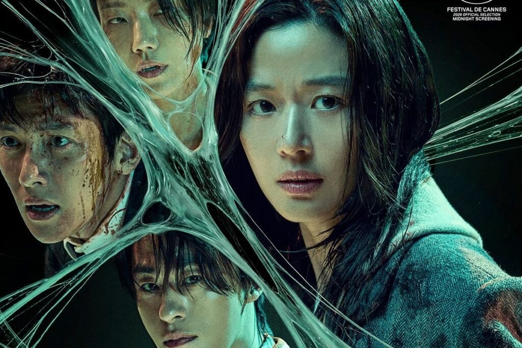 Close up Poster of Three Young Adults Wrapped in Glowing Translucent Strands Against a Dark Teal Background Conveying Tension and Mystery