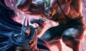 Batman Clashes with a Hulking Masked Villain in a Dynamic Neon lit Battle Scene