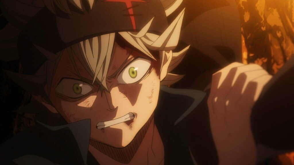 Close up of a Bruised Furious Anime Character with Blond Hair and Green Eyes Clenching a Fist Under Orange Firelight