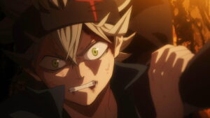 Close up of a Bruised Furious Anime Character with Blond Hair and Green Eyes Clenching a Fist Under Orange Firelight