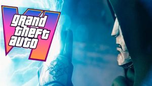 Grand Theft Auto V Promotional Art with the Neon Pinkpurple Logo and a Hooded Masked Figure Amid Electric Effects on the Right