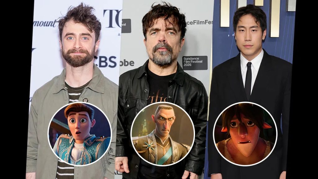 Three Men on a Red Carpet with Circular Insets of Animated Characters a Blue clad Prince a Stern Armored Sorcerer and a Grumpy Elfcreature