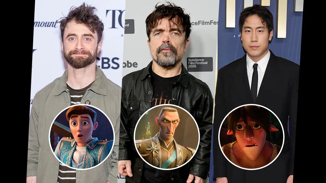 Three Men on a Red Carpet with Circular Insets of Animated Characters a Blue clad Prince a Stern Armored Sorcerer and a Grumpy Elfcreature