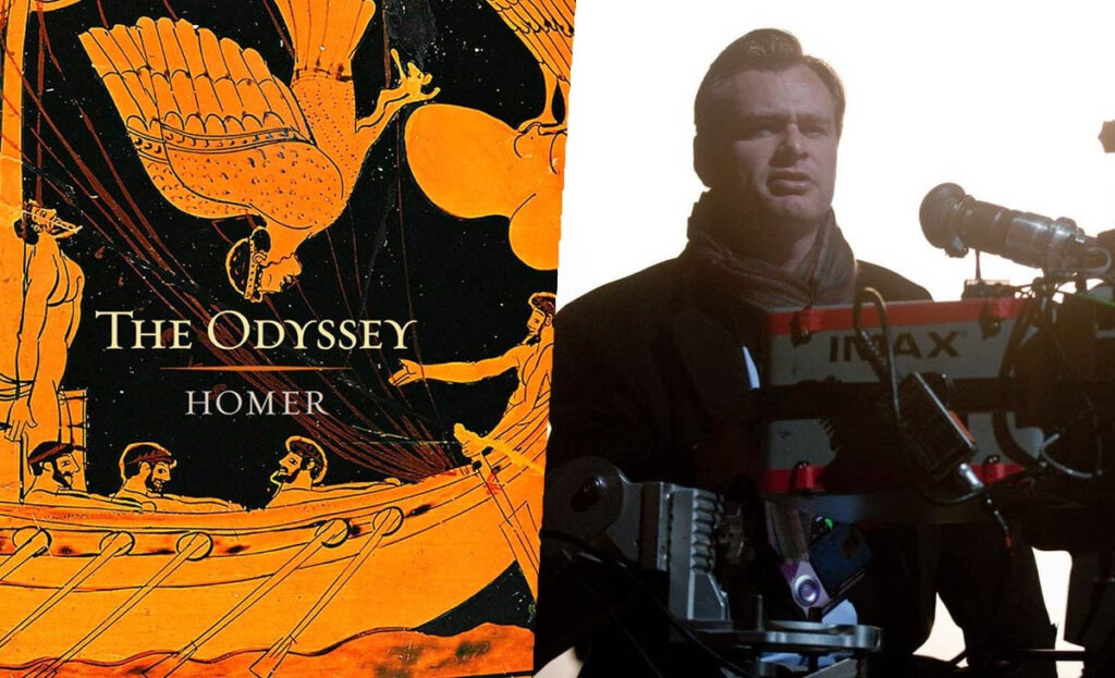 Split Image Left Shows the Orange and black Cover of the Odyssey by Homer Right Features a Man with a Film Camera Rig on a White Background