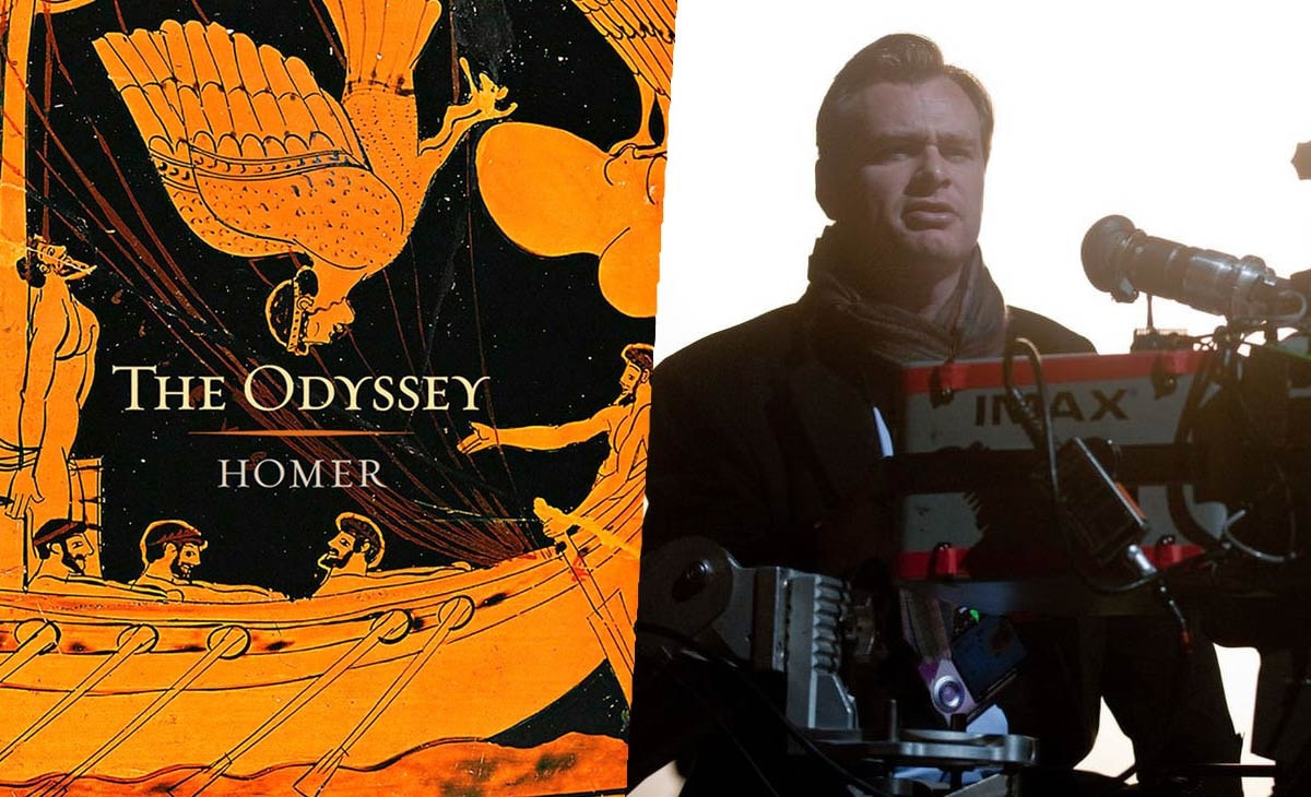 Split Image Left Shows the Orange and black Cover of the Odyssey by Homer Right Features a Man with a Film Camera Rig on a White Background