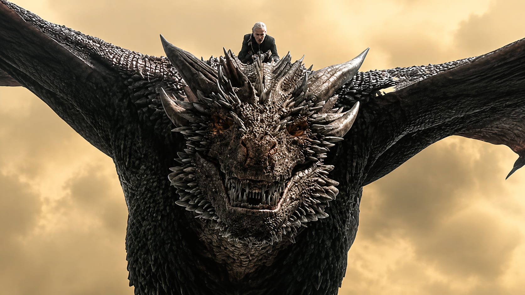 Dark Dragon with Jagged Scales and Orange Eyes a Man in Black Perched on Its Head As It Soars Against a Yellow Cloudy Sky