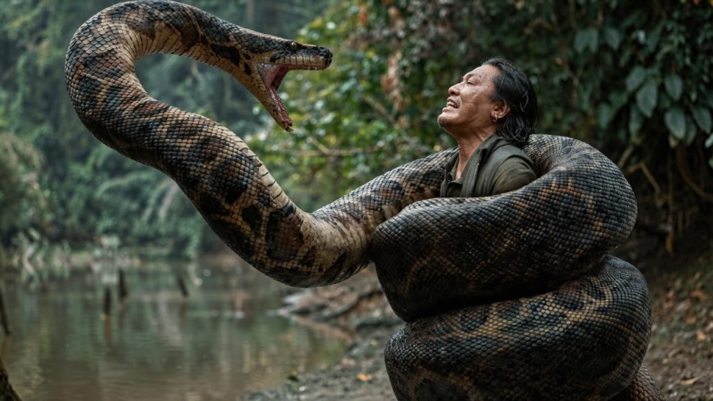 Man Tangled by a Giant Snake Coiled Around His Body by a River in a Jungle Setting