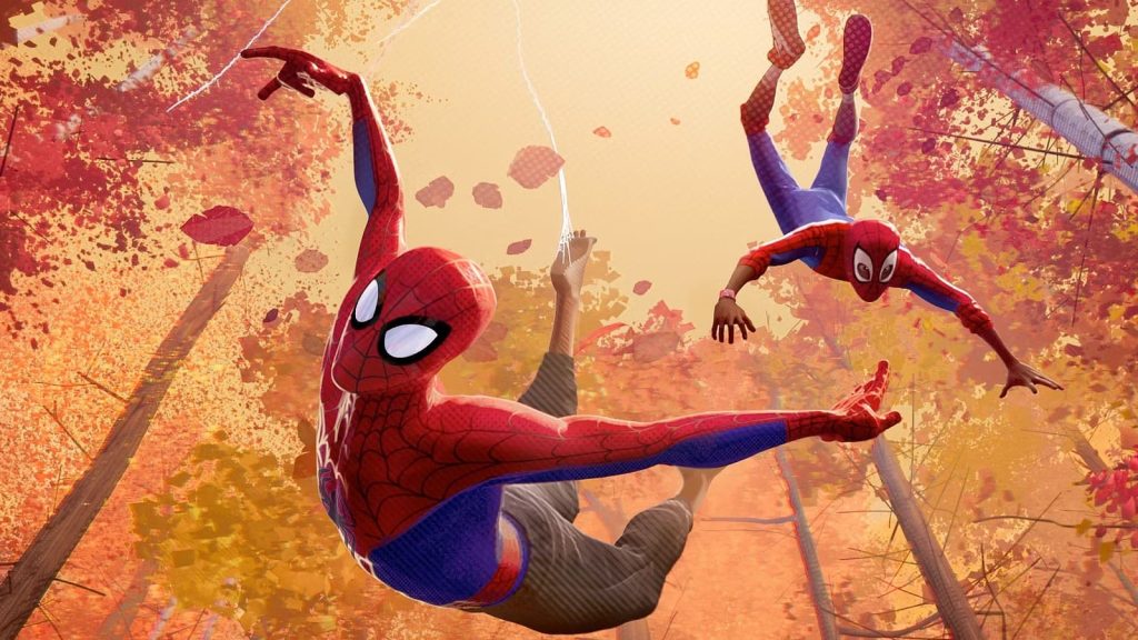 Spider man Swings Through an Autumn Forest in Red and Blue Suit Among Orange Leaves