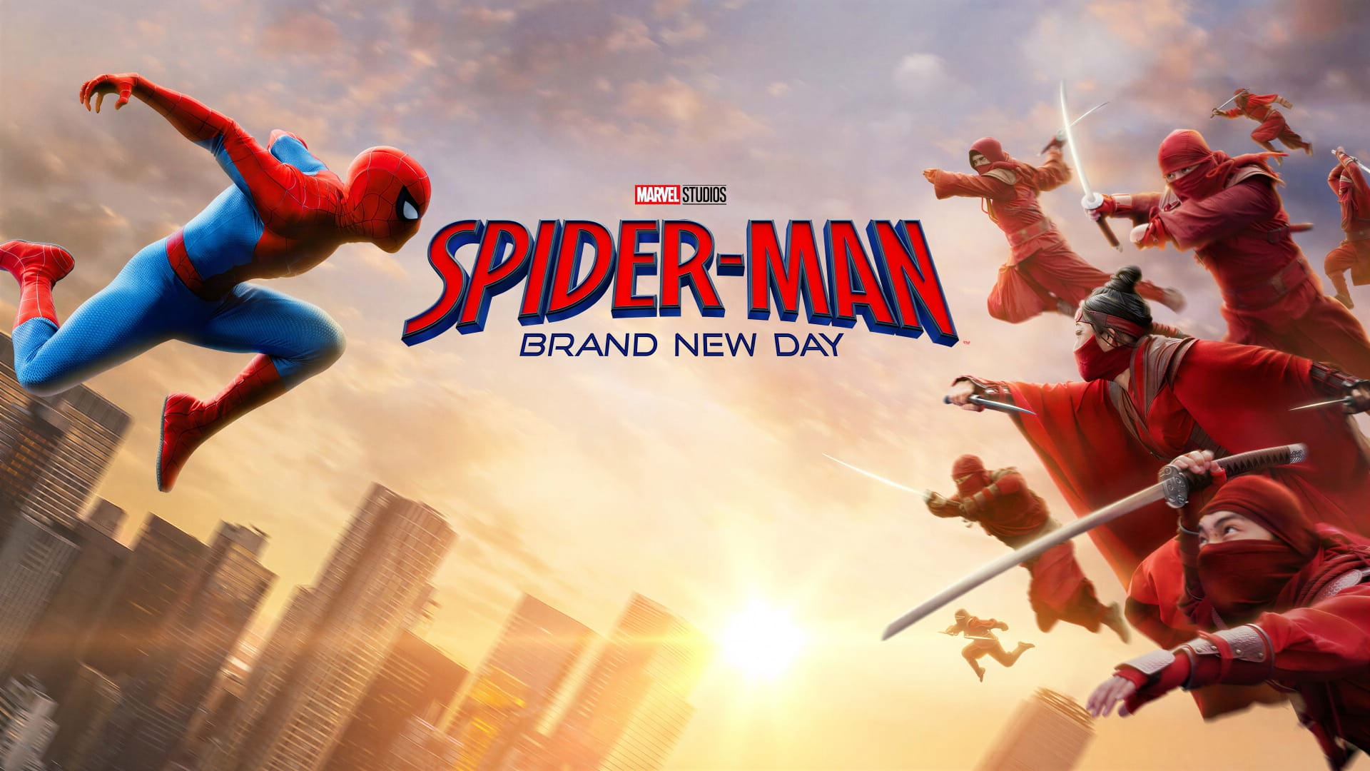 Spider man Swings Through a City As a Group of Red clad Ninjas Chase Him Against a Sunrise Skyline Title