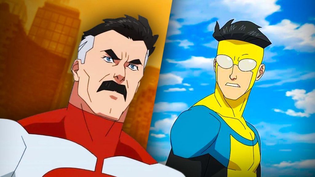 Two Illustrated Superheroes Stand Backtoback One in Red and White with a Gray Streaked Hair the Other in Yellow and Blue with Sunglasses Against a Split Orangeblue Skyline