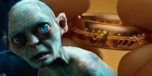 Pale Grotesque Creature with Blue Eyes and Ragged Teeth a Gloved Hand Holds a Gold Engraved Bracelet Near Its Head