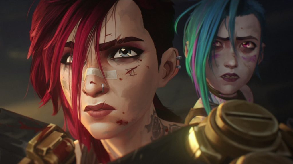 Close up of Two Punk style Characters a Red haired Woman with a Bandage and Facial Tattoos in the Foreground and a Teal haired Ally Behind Her with Bruises and Scars