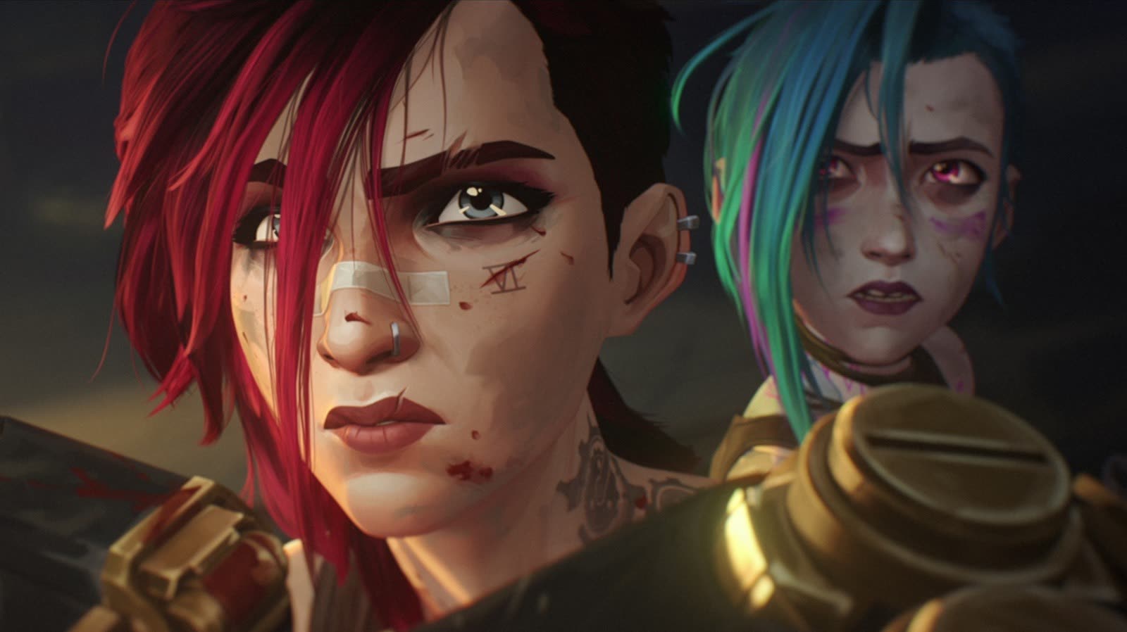 Close up of Two Punk style Characters a Red haired Woman with a Bandage and Facial Tattoos in the Foreground and a Teal haired Ally Behind Her with Bruises and Scars