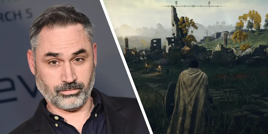 Portrait of a Middle aged Man with a Gray Beard in a Dark Blazer on the Left on the Right a Cloaked Knight Stands in a Ruined Fantasy Battlefield