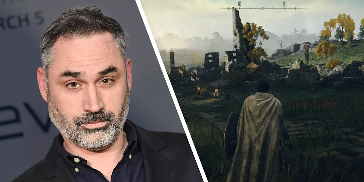 Portrait of a Middle aged Man with a Gray Beard in a Dark Blazer on the Left on the Right a Cloaked Knight Stands in a Ruined Fantasy Battlefield