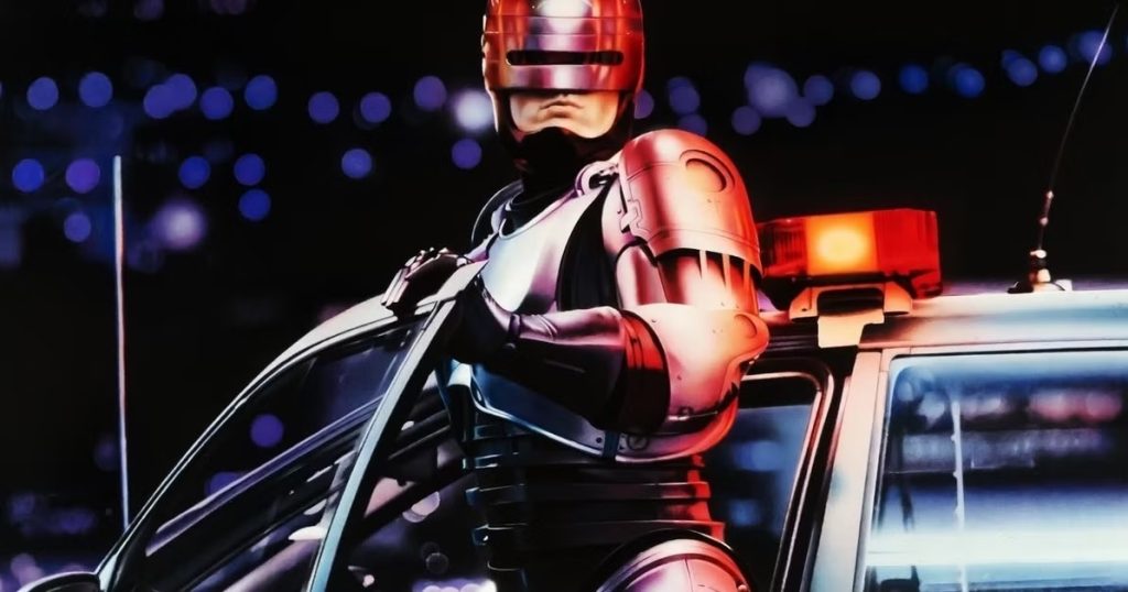 Silver Armored Robot Like a Futuristic Police Officer Leaning from a Patrol Car with Red Siren Light in the Background at Night Bokeh Lights Behind It
