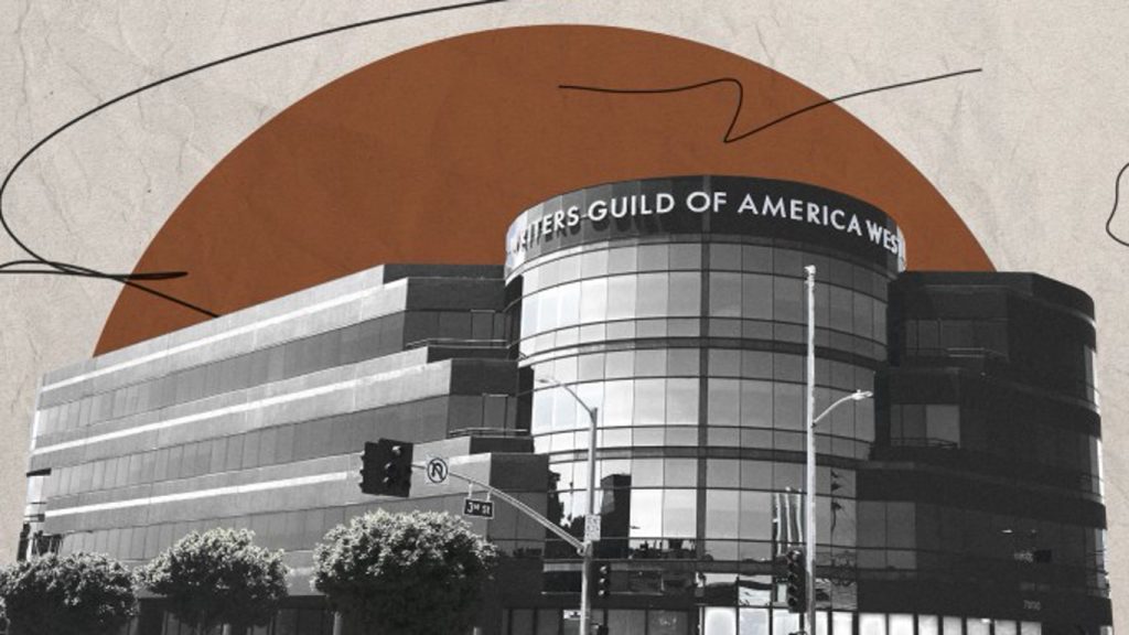 Writers Guild of America West Building with Curved Glass Facade and a Bold Sign Reading