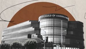 Writers Guild of America West Building with Curved Glass Facade and a Bold Sign Reading