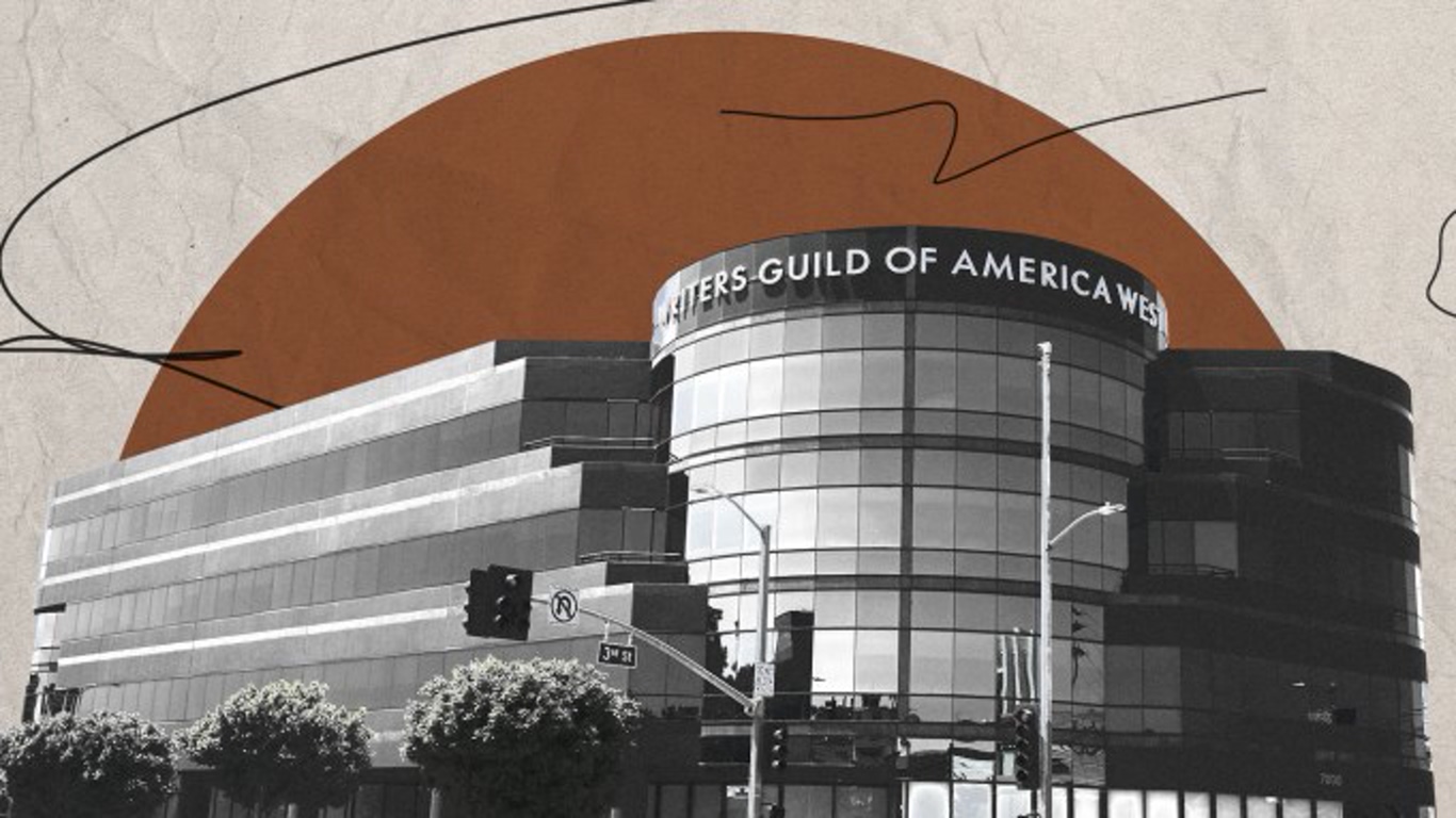 Writers Guild of America West Building with Curved Glass Facade and a Bold Sign Reading