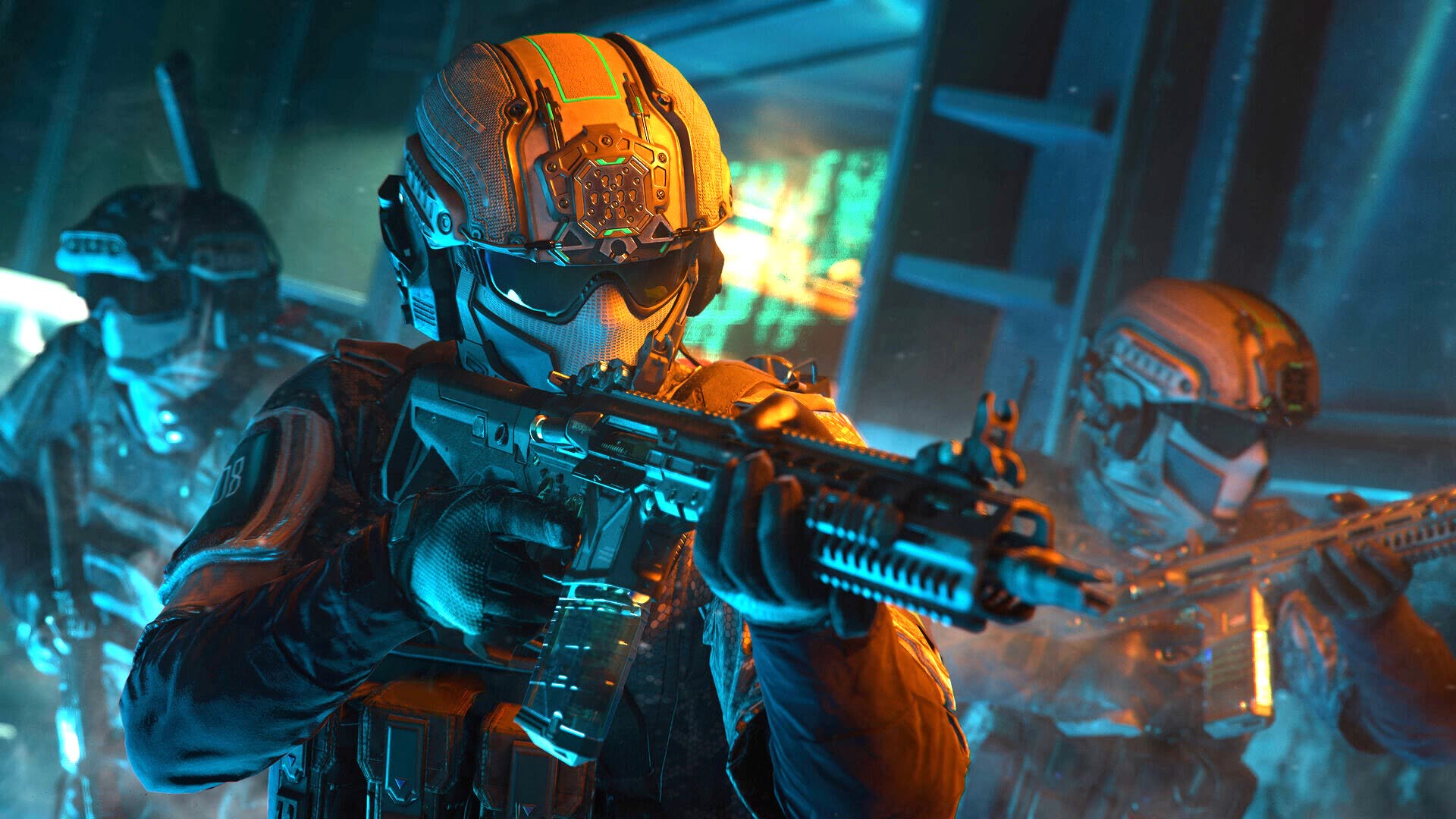 Soldier in High tech Combat Suit Aiming an Assault Rifle in a Neon lit Futuristic Setting