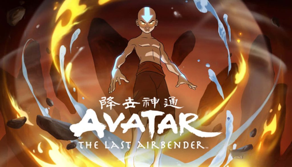 Promotional Artwork for Avatar the Last Airbender Featuring Aang Center Stage with Fire and Water Bending Swirling Around Him