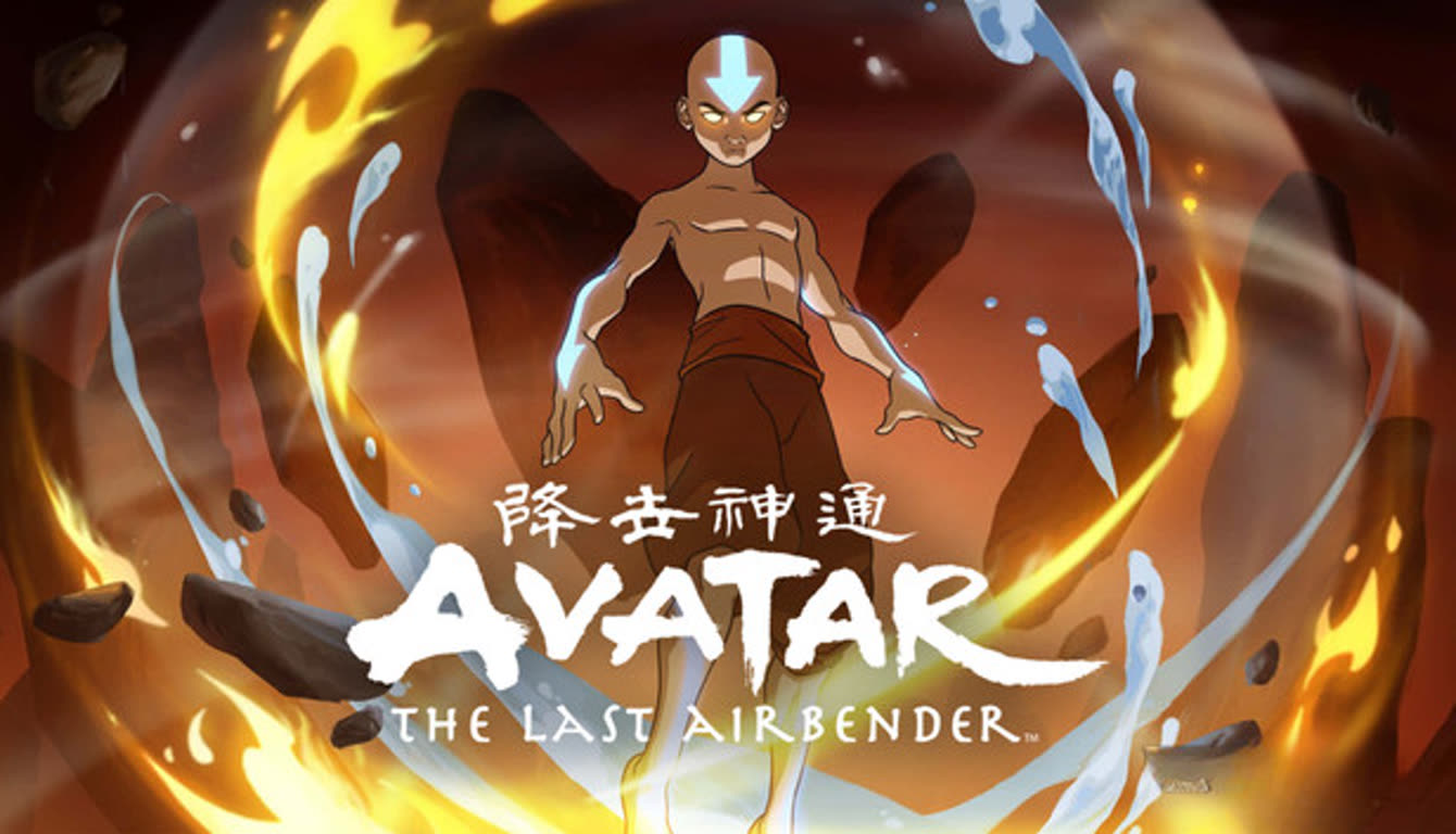 Promotional Artwork for Avatar the Last Airbender Featuring Aang Center Stage with Fire and Water Bending Swirling Around Him
