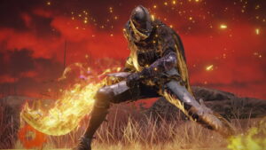 Armored Warrior in a Tattered Cloak Swings a Blazing Flame infused Axe in a Fiery Battlefield