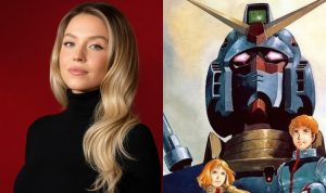 Left Portrait of a Blonde Woman in a Black Turtleneck Against a Red Background Right Retro Scifi Illustration of a Large Blue Robot with Two Young Pilots in Front