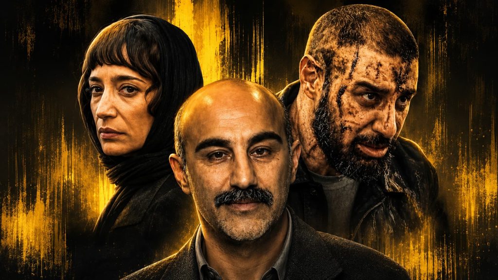Three Adults Pose on a Dark Yellow accented Poster Center Man with a Mustache Right Man with Dirt smeared Face Left Woman in a Black Headscarf Dramatic Lighting