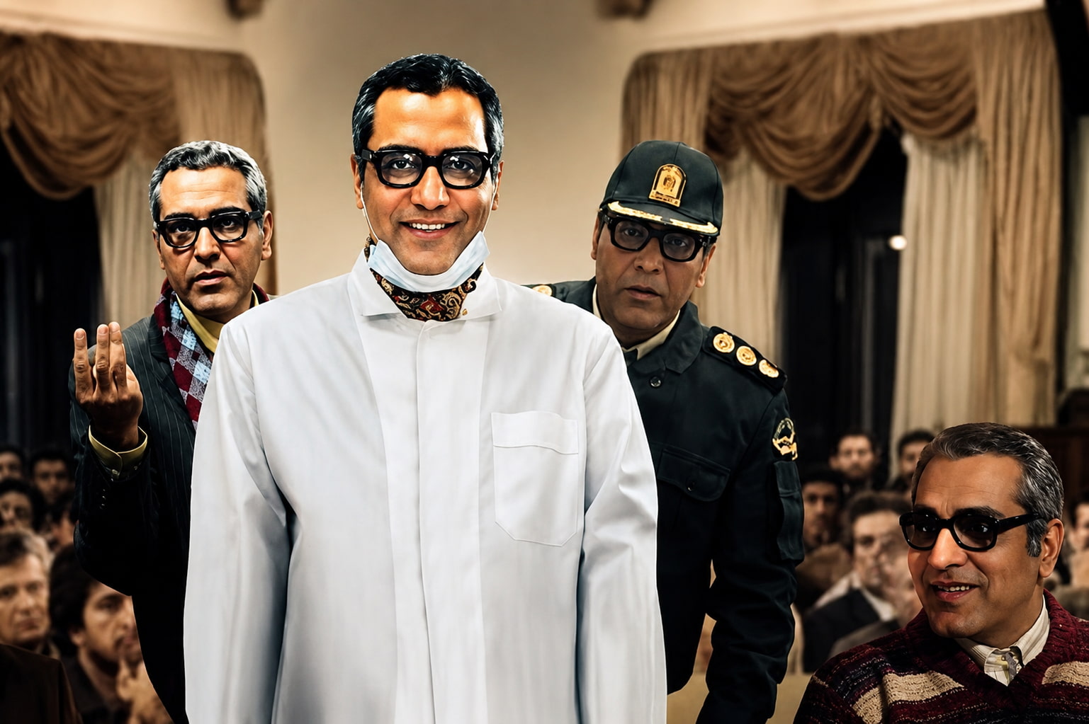 Man in a White Traditional Robe and Glasses Smiles Flanked by Two Men in Suits and a Security Officer in a Crowded Room