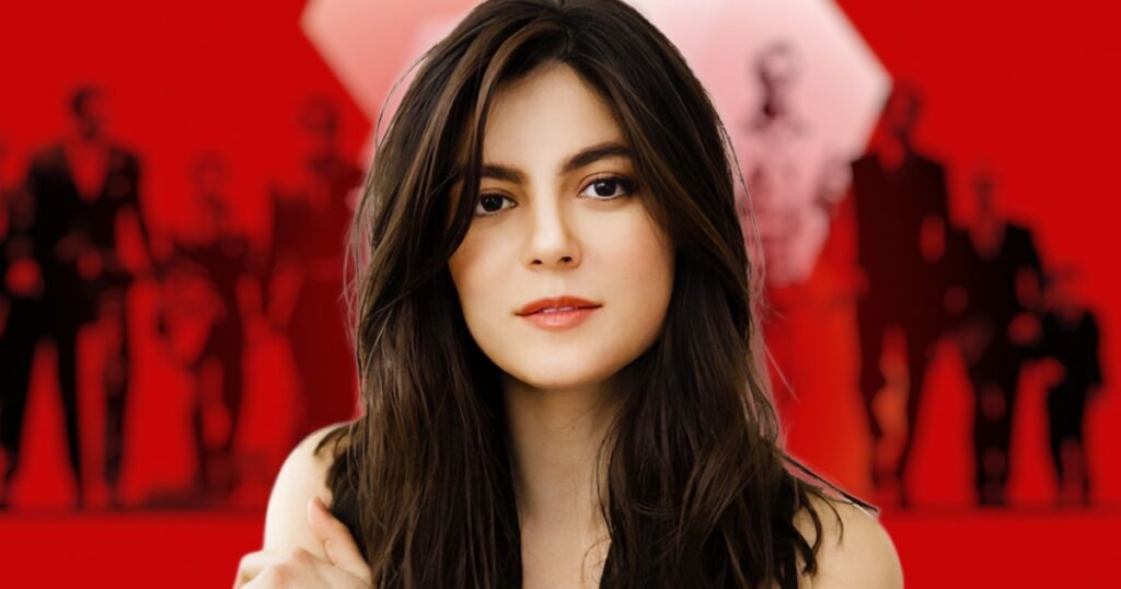 Close up Portrait of a Young Woman with Dark Hair Looking at the Camera Against a Red Backdrop with Blurred Silhouettes in the Background