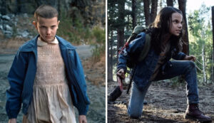 Left a Young Girl with a Shaved Head in a Blue Jacket and Beige Dress Stands Angrily in a Forest Right a Woman with a Backpack Crouches Griping a Knife Among Trees in the Woods