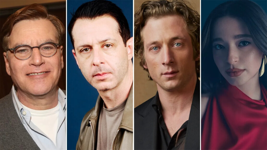Collage of Four Headshots Man with Round Glasses Smiling Man in a Leather Jacket with a Serious Expression Man with Blond Hair in a Black Shirt Woman with Dark Hair in a Red Outfit Looking at the Camera
