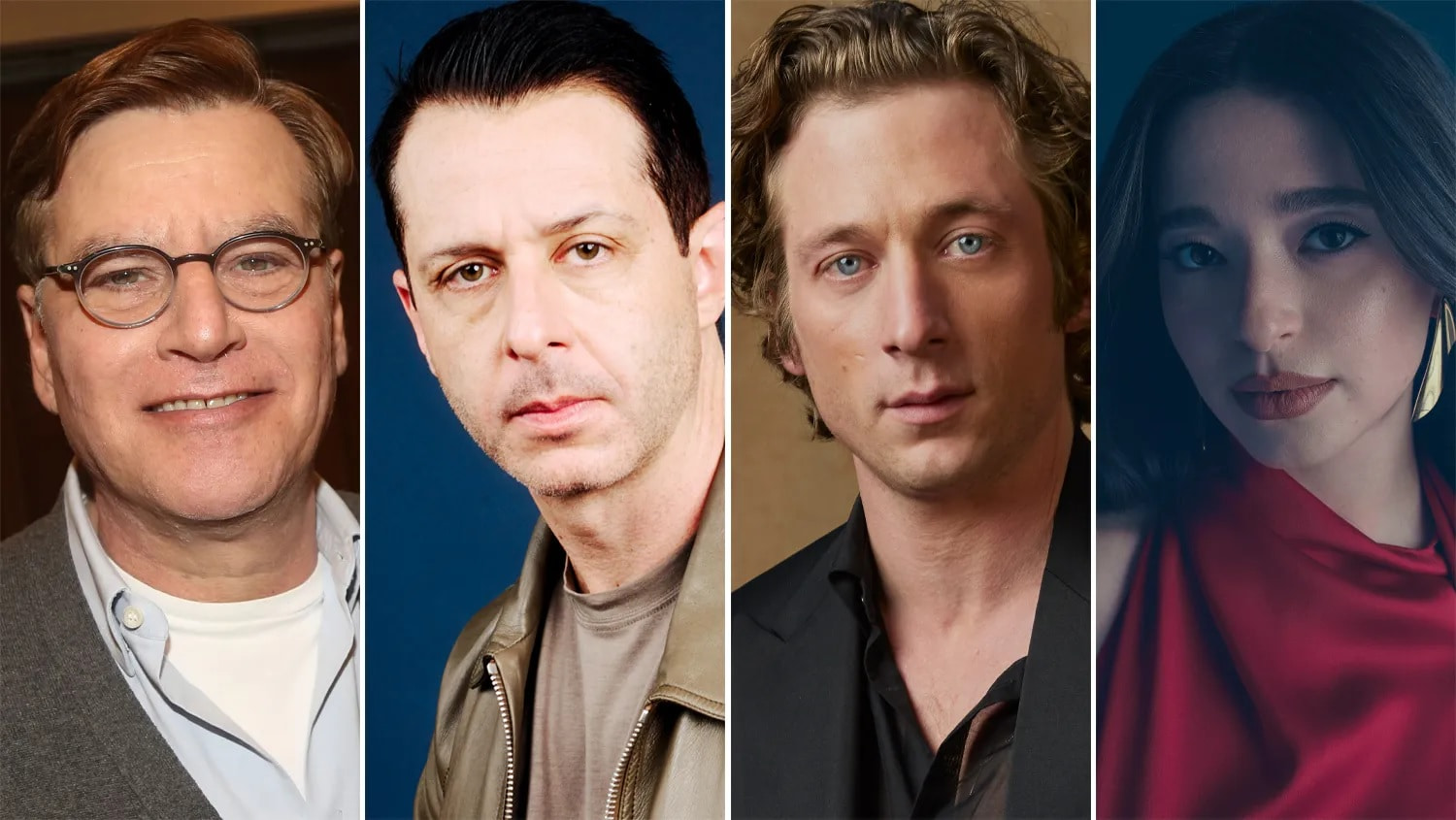 Collage of Four Headshots Man with Round Glasses Smiling Man in a Leather Jacket with a Serious Expression Man with Blond Hair in a Black Shirt Woman with Dark Hair in a Red Outfit Looking at the Camera