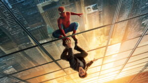 Spider man in His Red blue Suit Reaches Down to Grab a Man