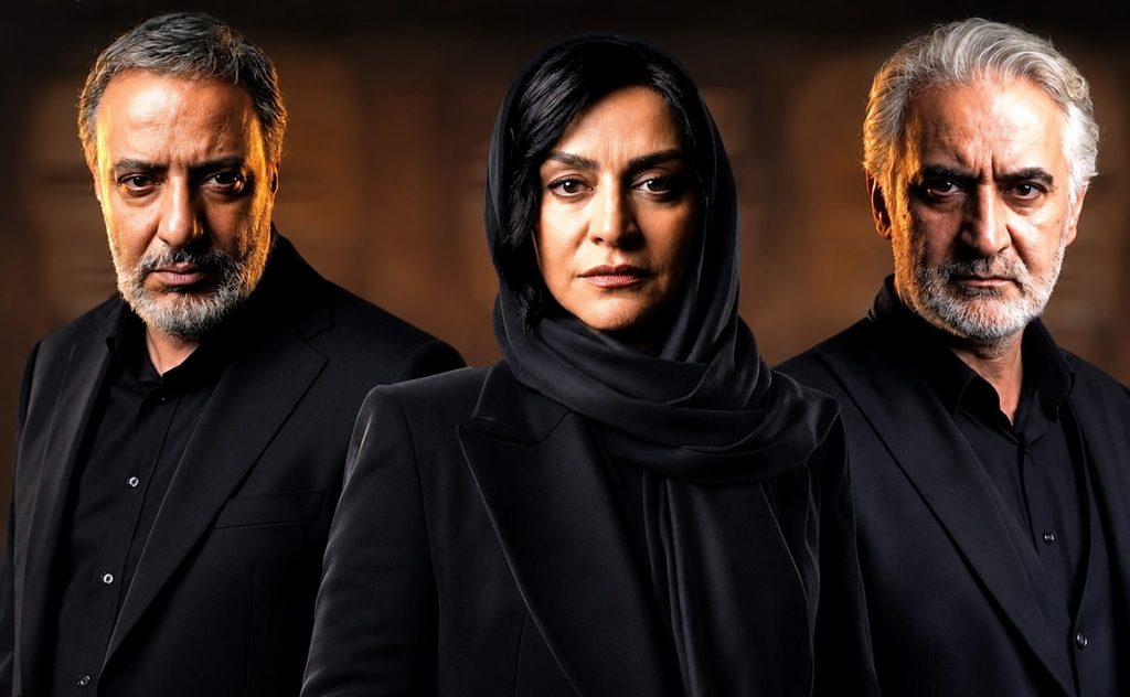 Three Adults in Black Formal Attire with Stern Expressions Center is a Woman Wearing a Black Hijab in a Studio Portrait