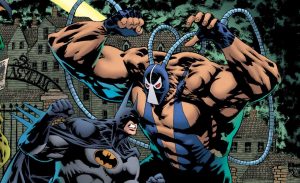 Batman Fights a Hulking Villain Wearing a White Mask with Red Eyes and Blue Costume Hoses Looping Around Him in a City Rooftop Setting