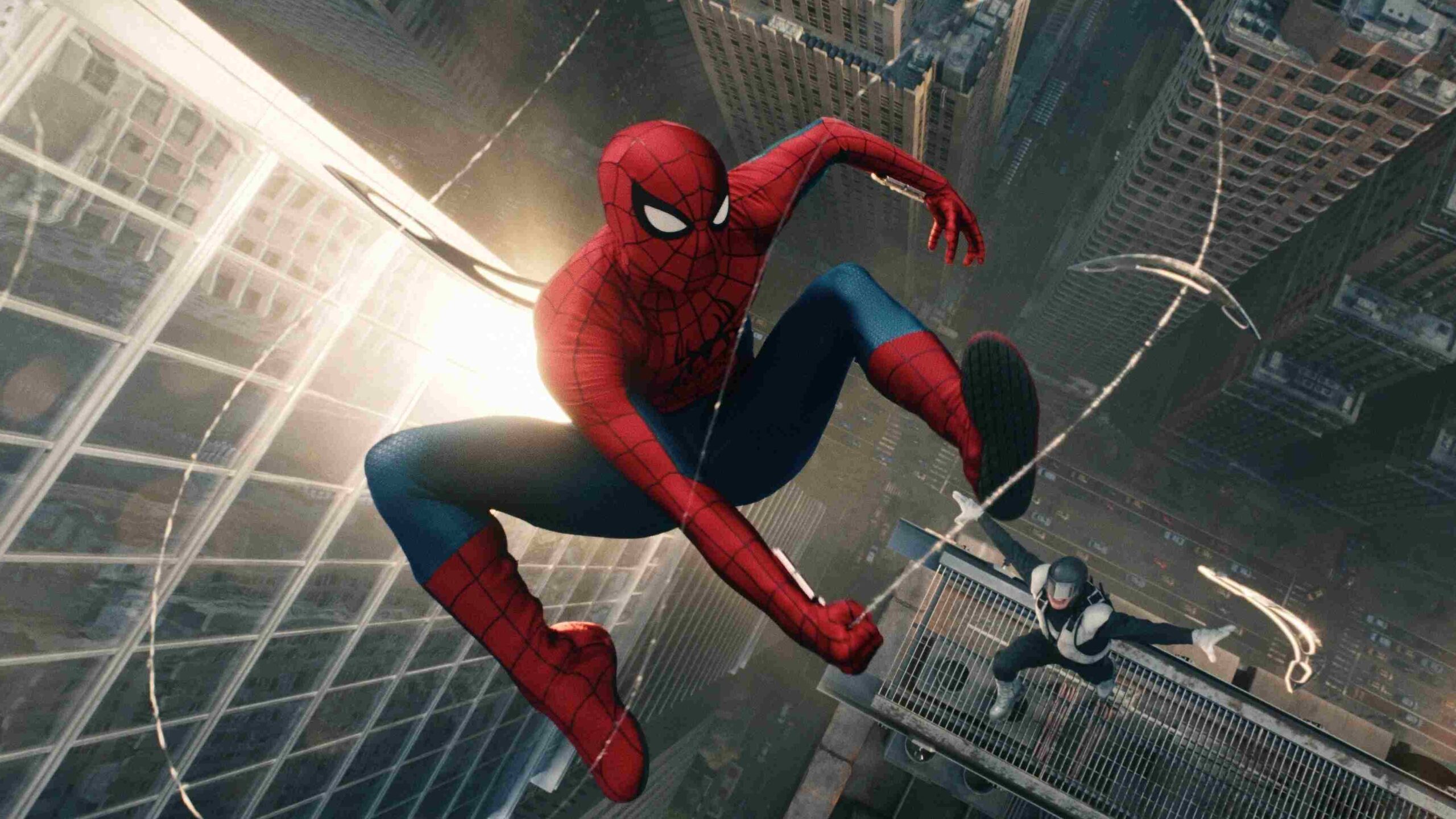 Spider man in Red and Blue Swinging Between Glass Skyscrapers in a Dense Cityscape