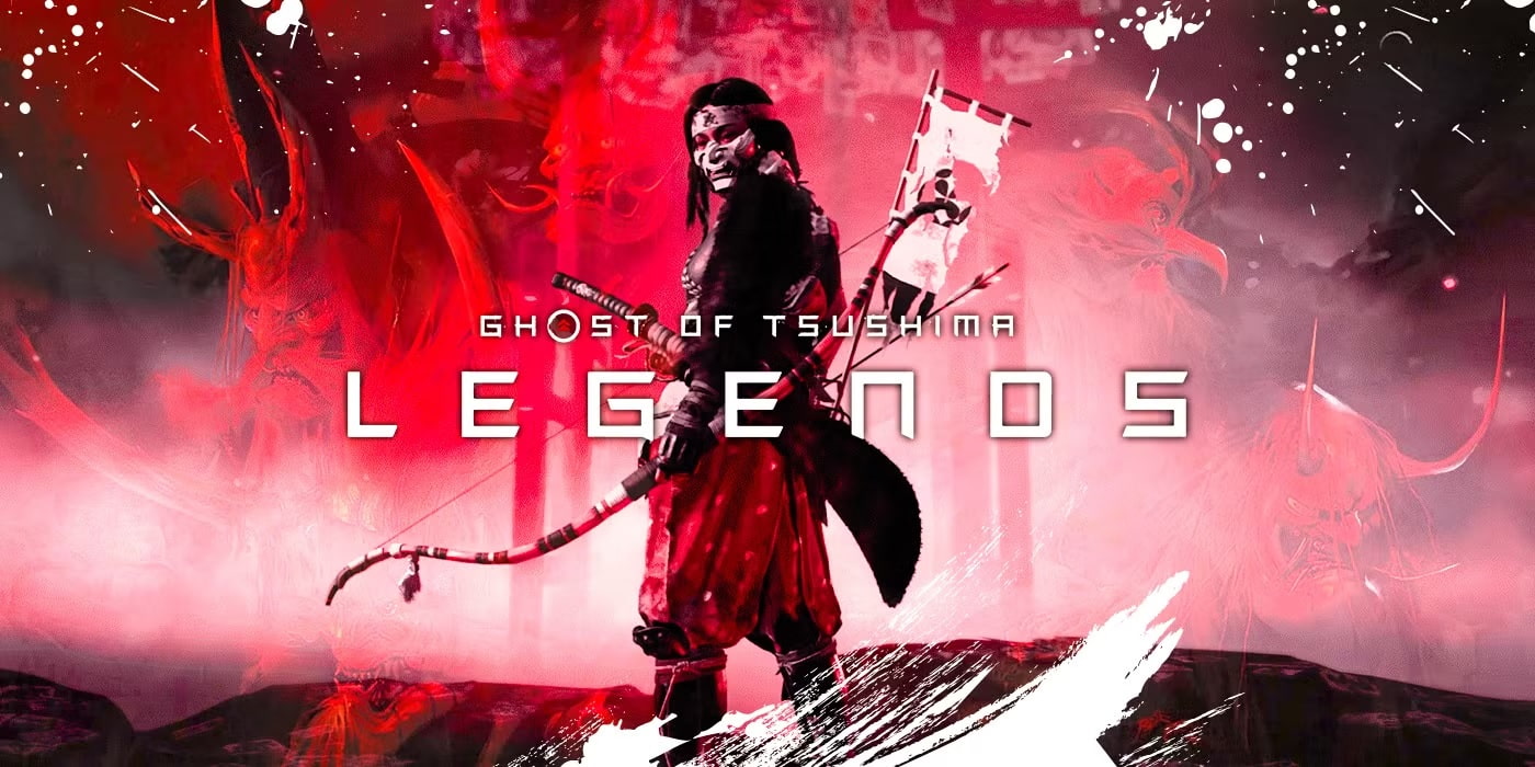 Poster for Ghost of Tsushima Legends Showing a Masked Female Samurai in Red and Black with Weapons Surrounded by Red Mist and White Brush Strokes and the Word Legends