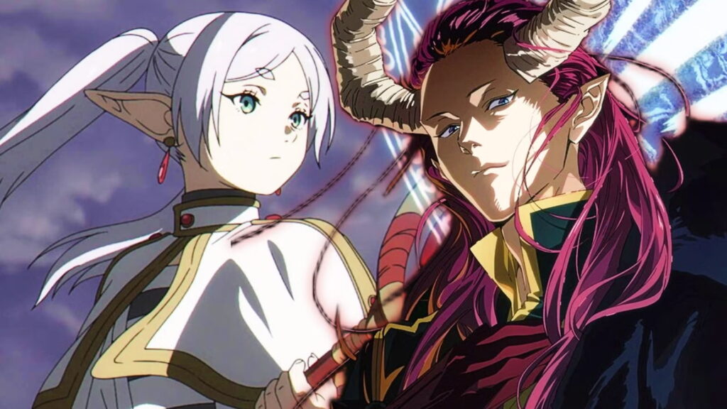 Elven Woman with White Hair and Pointed Ears Stands Beside a Horned Demon in Armor Against a Dramatic Sky in a Tense Fantasy Scene