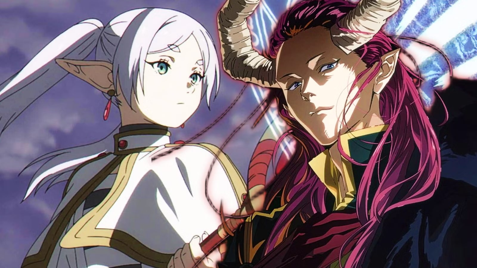Elven Woman with White Hair and Pointed Ears Stands Beside a Horned Demon in Armor Against a Dramatic Sky in a Tense Fantasy Scene