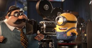 Animated Yellow Minion in Blue Overalls Filming with a Vintage Movie Camera Guided by a Man in a Vest and Tie on a Film Set